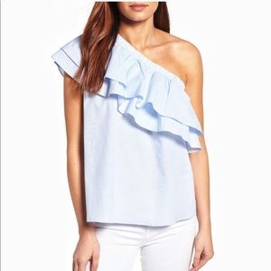 Halogen Ruffle Striped One-shoulder Blouse